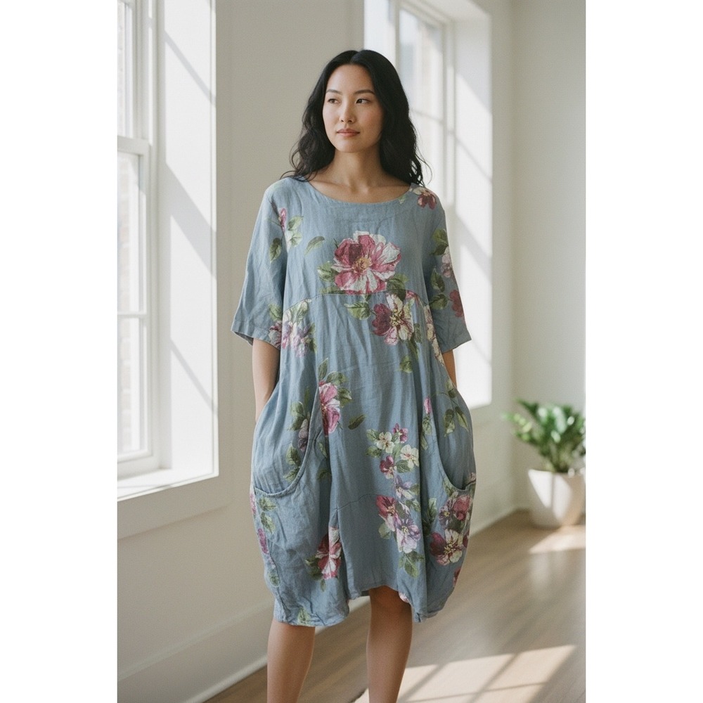 ASNA Italy Blue Floral Linen Oversized Tulip Pocket Dress Womens Sz M